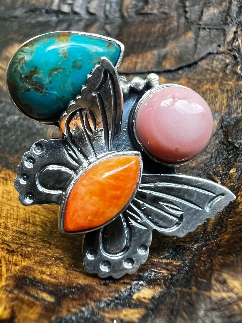 925 Sterling Silver Multi Stone Butterfly Ring Sz 6 Turquoise Spiny Conch